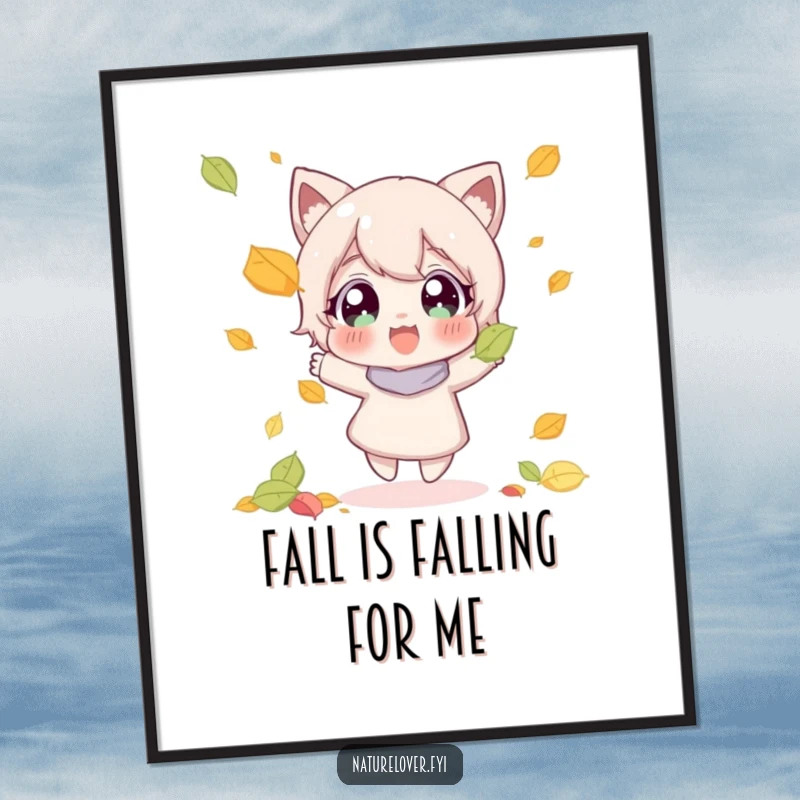 Funny poster print of a character with wide, happy eyes joyfully catching a colorful falling autumn leaf.