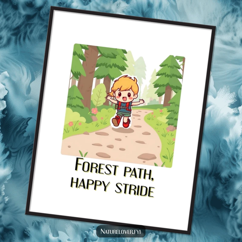 Funny poster print of a character wearing hiking boots, skipping merrily on a lush forest path.
