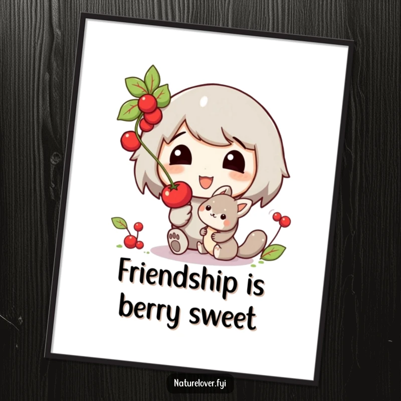 Funny poster artwork of a smiling character offering a berry to a small, friendly woodland creature, capturing a moment of kindness.