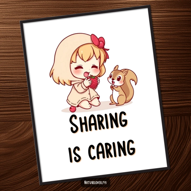 Funny poster featuring a character happily offering a berry to a curious squirrel, symbolizing friendship and shared moments.