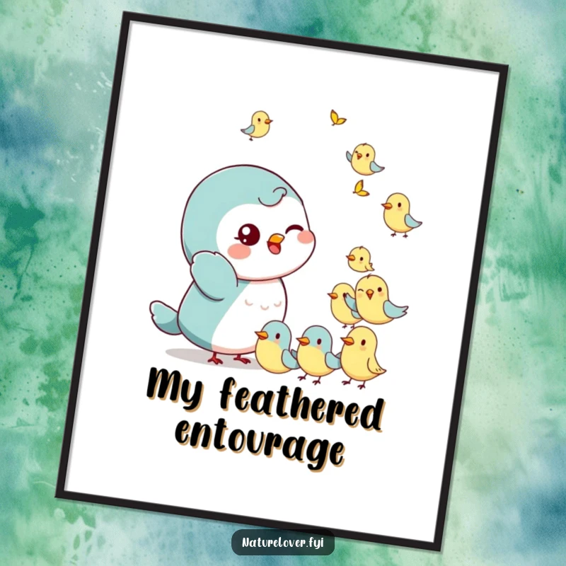 Funny Poster: A small character with a playful wink waves at a flock of tiny, cheerful birds, creating friendly wall art.