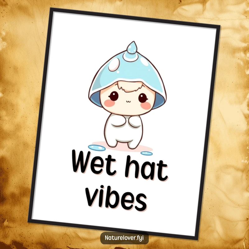 Funny dewdrop hat poster depicting a tiny character comically attempting to wear a dewdrop as a hat, adding whimsical decor.