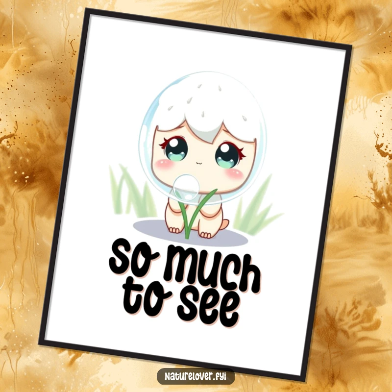 Funny Poster: A cute character with wide, curious eyes observes a huge, shimmering dewdrop, creating a magical and whimsical wall art piece.