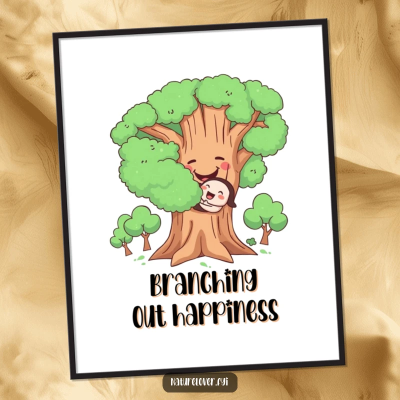 Funny Hugging Tree Poster, artwork of a cute character joyfully hugging a large, smiling tree, celebrating nature's beauty.