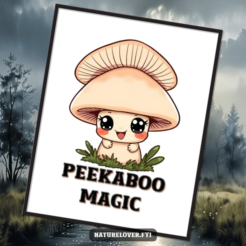 Funny poster print of a cute character with wide eyes and a playful grin peeking from behind a large mushroom, inviting fun.