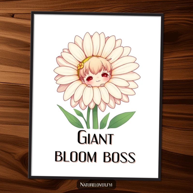 Funny poster illustration of a nature lover character peeking playfully from behind a huge daisy, celebrating garden wonders and hidden joys.