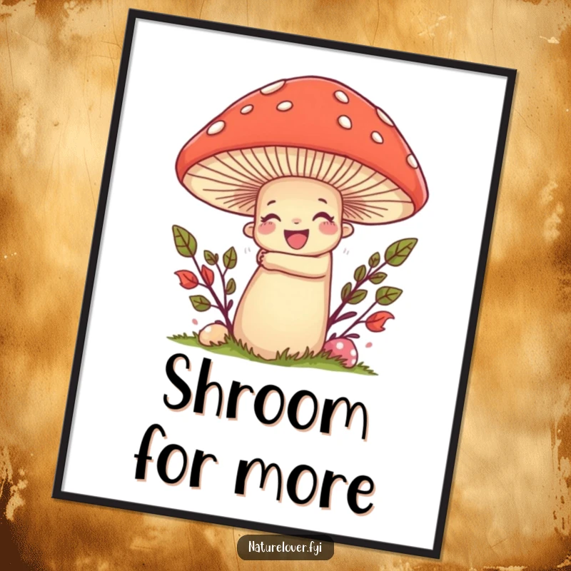 Funny poster of a nature lover character joyfully hugging a giant, smiling mushroom, perfect for adding whimsical decor.