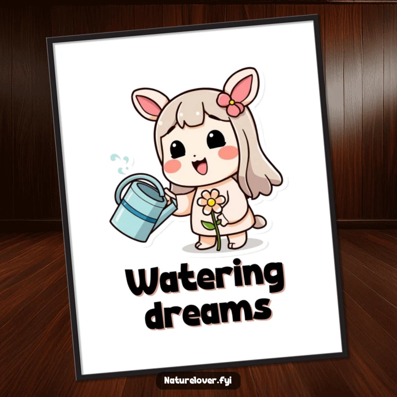 Funny poster art of a smiling character watering a tiny, wilting flower, conveying a message of funny hope and gentle perseverance.