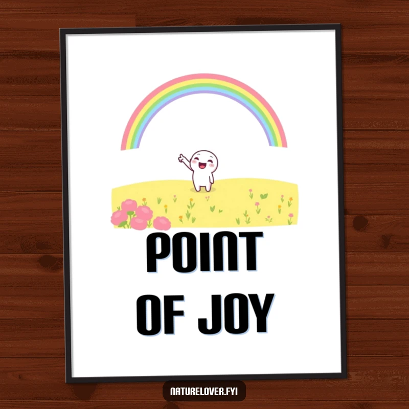 Funny poster capturing a cheerful character excitedly pointing at a magnificent rainbow spanning a beautiful field, symbolizing hope and delight.