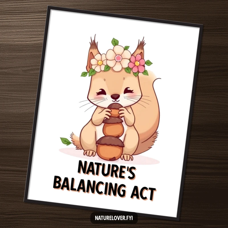 Funny poster art depicting a squirrel wearing a flower crown and balancing acorns on its nose, full of gentle humor.