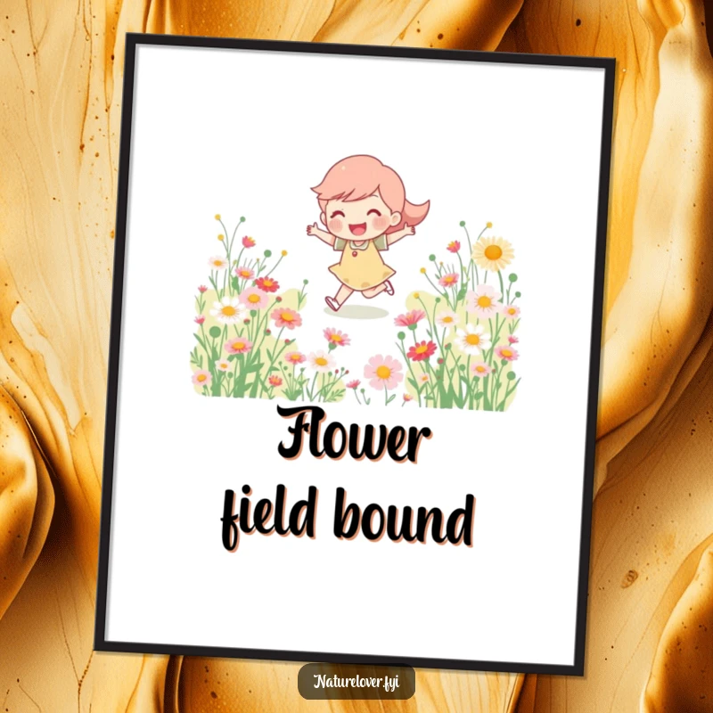 Funny Poster: Art print of happy character skipping through a lush field of blooming wildflowers, evoking pure joy.