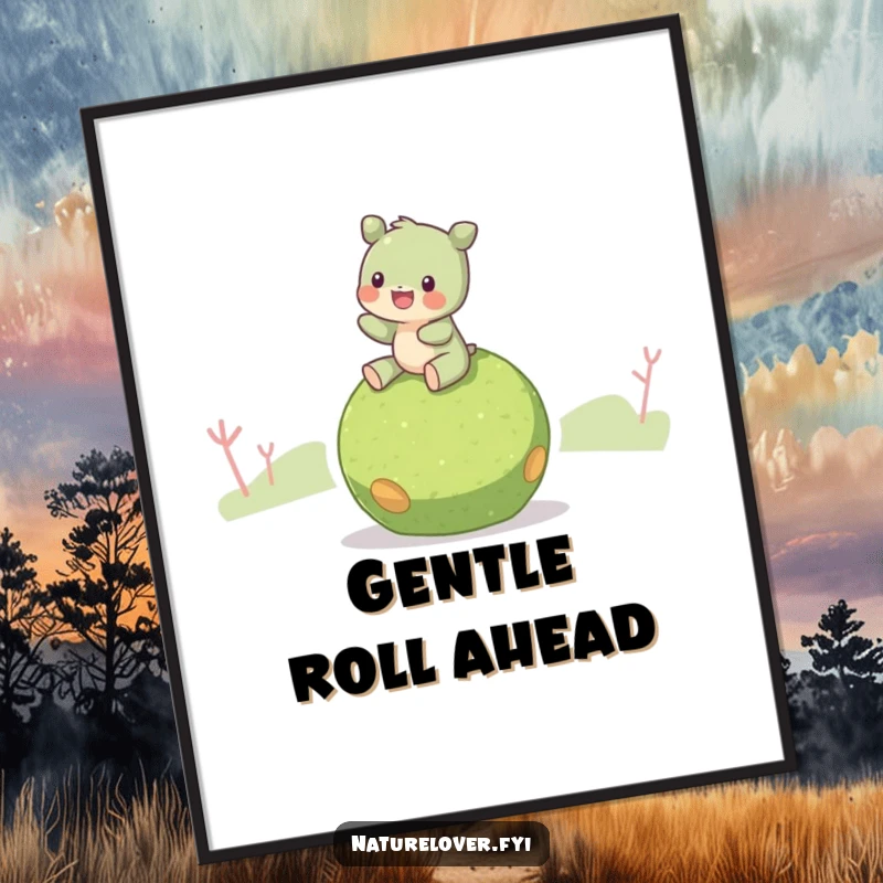 Funny Moss Ball Rider Poster: A creature joyfully riding a gentle moss ball, creating tranquil and charming wall art.