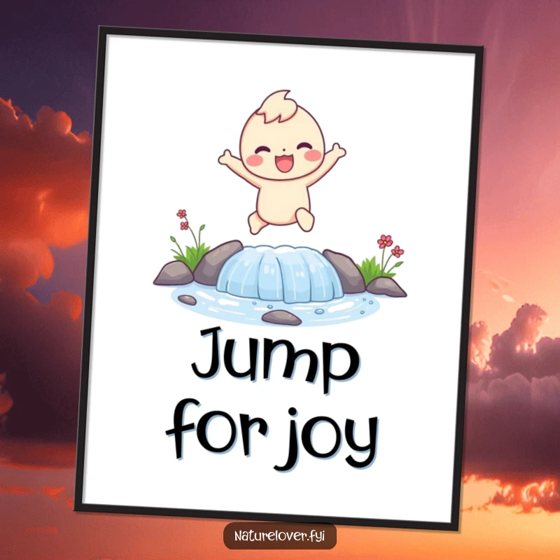 Funny poster print of a happy character joyfully leaping over a small, clear stream, full of vibrant energy.