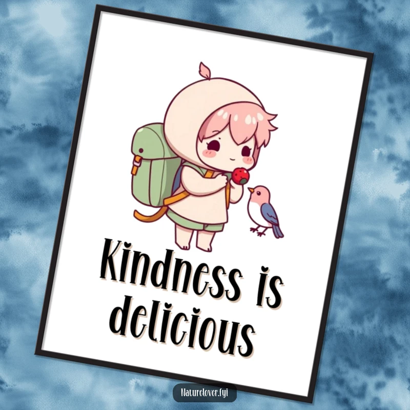 Funny poster art of a cute character with a backpack offering a berry to a small bird, creating a humorous and heartwarming statement piece.