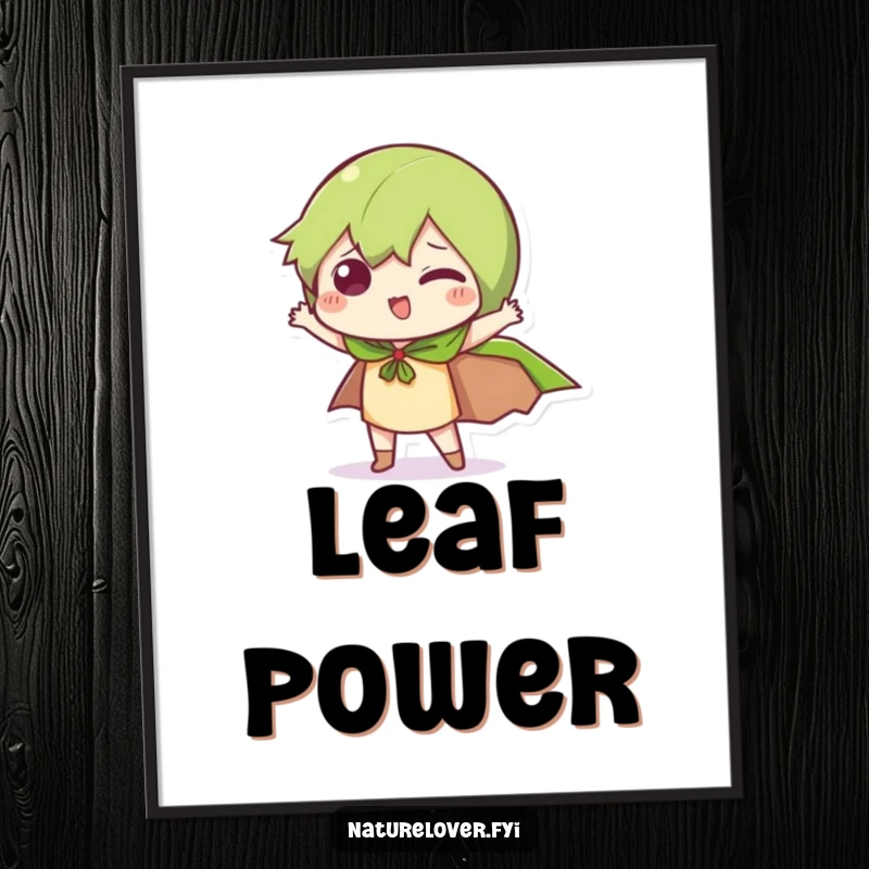 Funny Leaf Cape Pose Poster: A little character strikes a funny pose wearing a leaf as a cape, a whimsical and funny artwork.