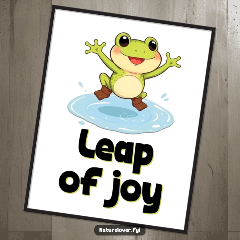 Funny frog poster showing a delighted frog in small boots, jumping in a massive puddle, adding charm and humor to decor.