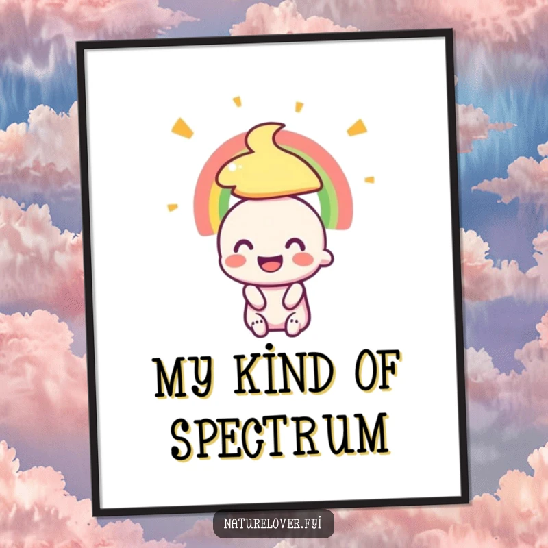 Funny poster depicting a small character with a huge, beaming smile, looking up in awe at a spectacular and colorful rainbow.