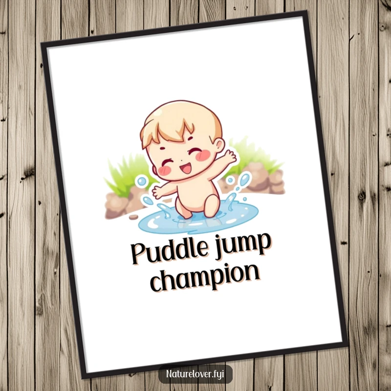 Funny joyful character gleefully splashing water in a minuscule puddle, creating a heartwarming scene on this poster.