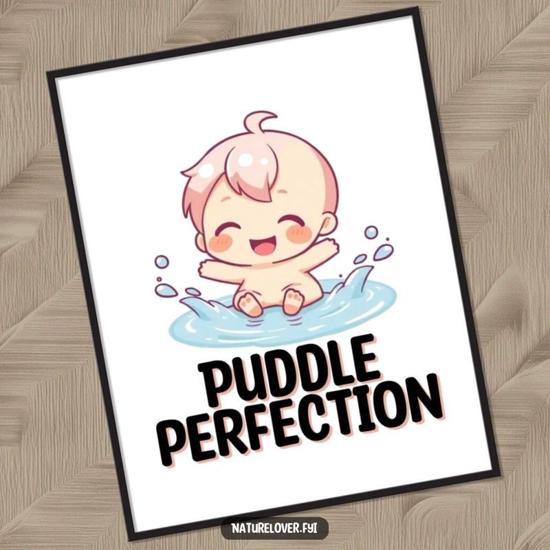 Funny poster of a character gleefully splashing in a tiny puddle, radiating happiness and a love for simple fun.