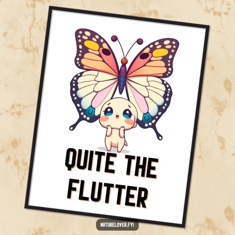 Funny poster print: cute character with a shocked face looks up at a giant, colossal butterfly. Humorous wall decor.