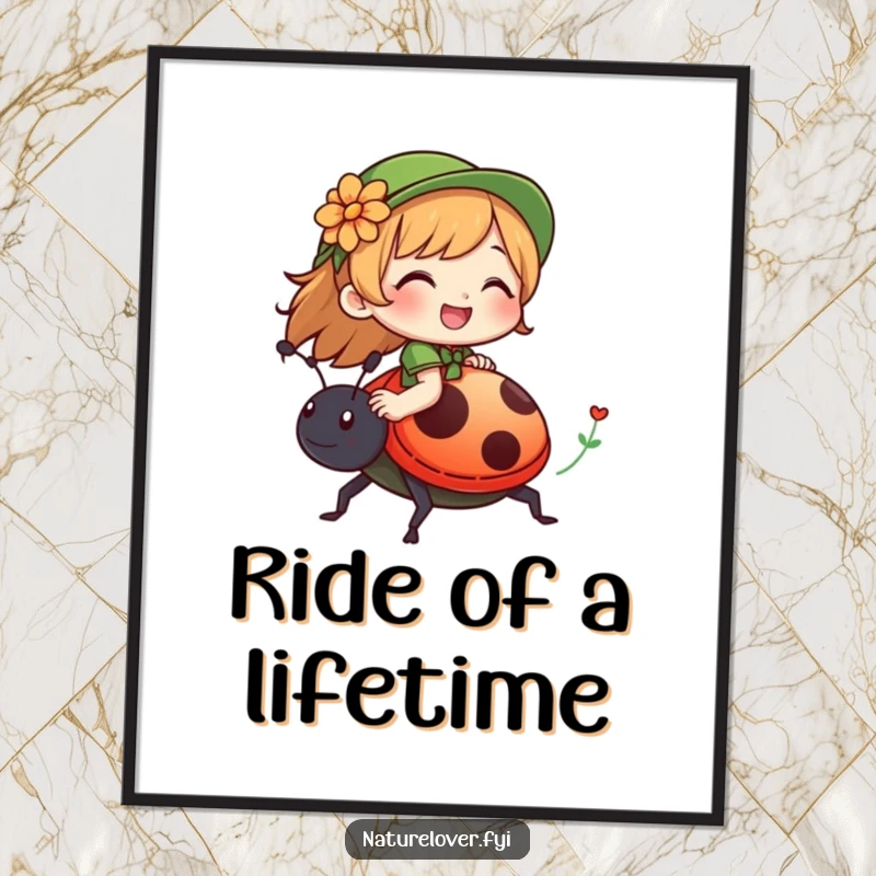Funny poster of a nature lover character joyfully giggling while riding on the back of a large, friendly ladybug.
