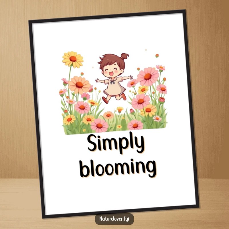 Funny poster print of a happy character skipping playfully in a meadow filled with oversized, vibrant wildflowers, conveying pure delight.