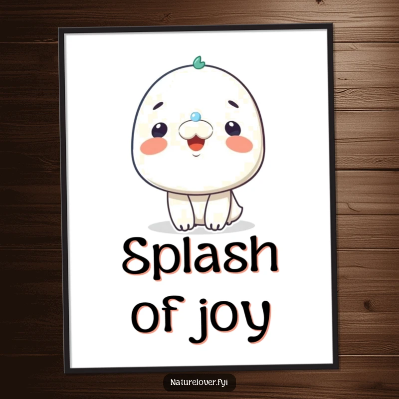 Funny poster print of a character smiling happily as a small raindrop lands on its nose, evoking peaceful delight.