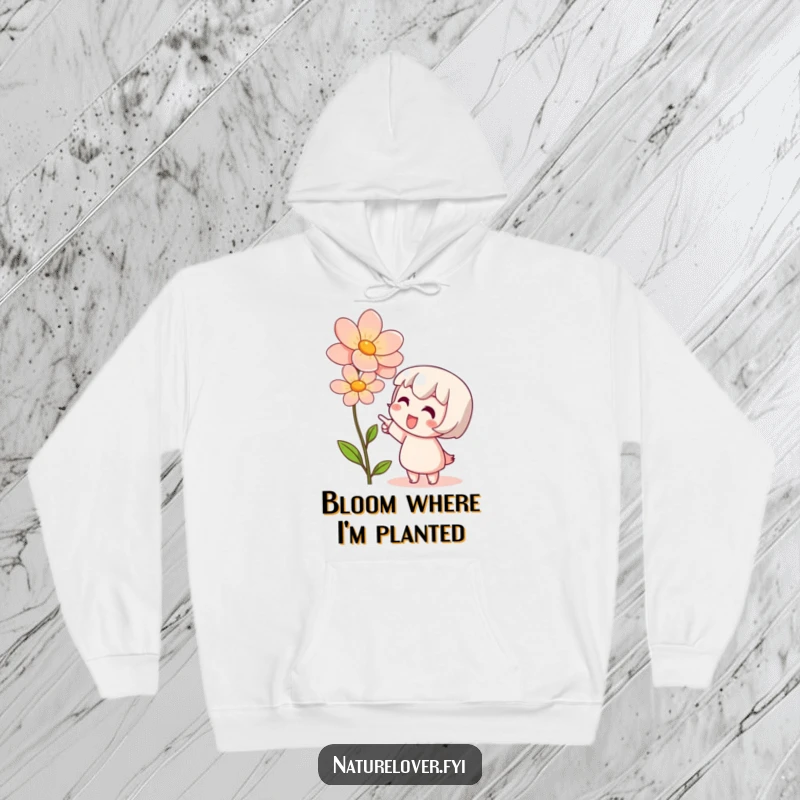 Funny hoodie depicting a cute character pointing excitedly at a gorgeous blooming flower, radiating admiration and happiness.