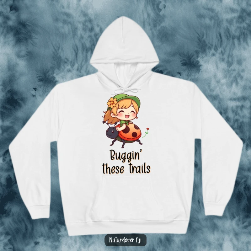 Funny hoodie illustrating a nature lover character giggling happily while riding on the back of a friendly ladybug.