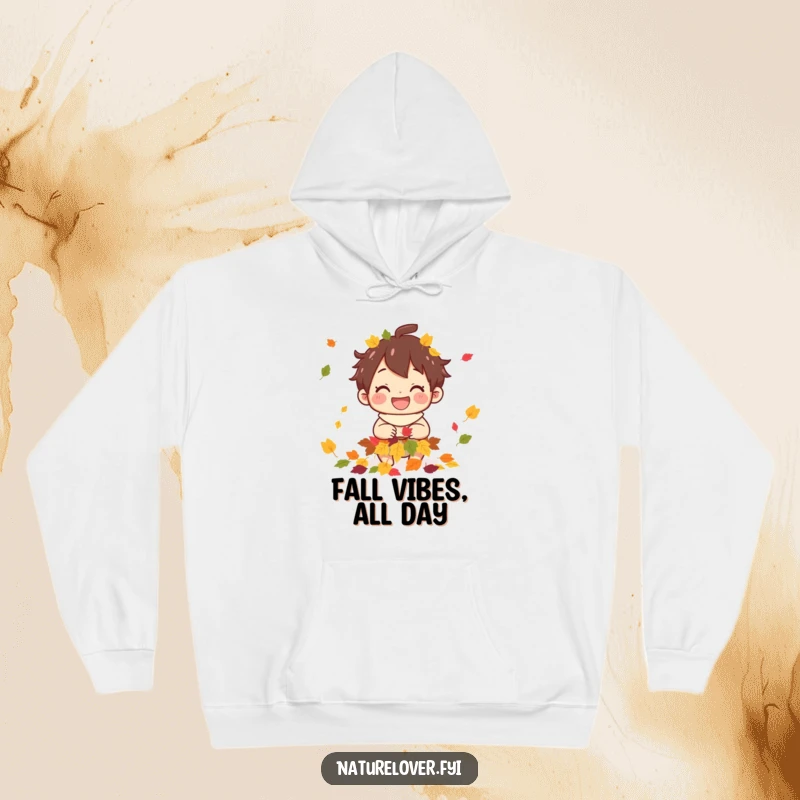 Funny hoodie design of a joyful character collecting bright, fallen leaves, perfect for autumn comfort.