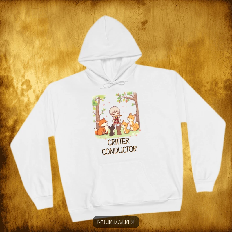 Funny hoodie depicting a character joyfully playing a flute for a group of attentive woodland creatures, embodying gentle enchantment.