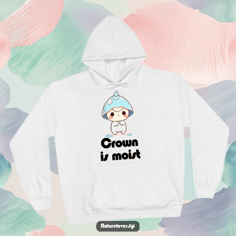 Funny dewdrop hat hoodie displaying a tiny character comically trying to wear a dewdrop as a hat, embodying whimsical fun.