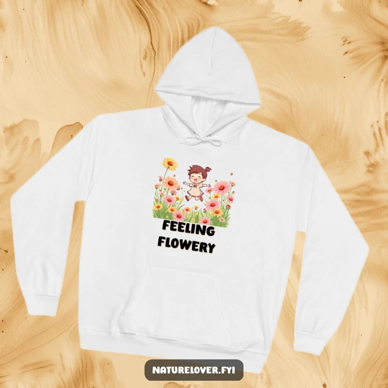 Funny hoodie depicting a joyful character skipping playfully through a vibrant field of oversized wildflowers, radiating happiness and warmth.