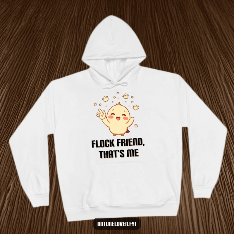 Funny Hoodie: A happy character joyfully waves at a cluster of tiny birds, embodying cheerful enthusiasm.