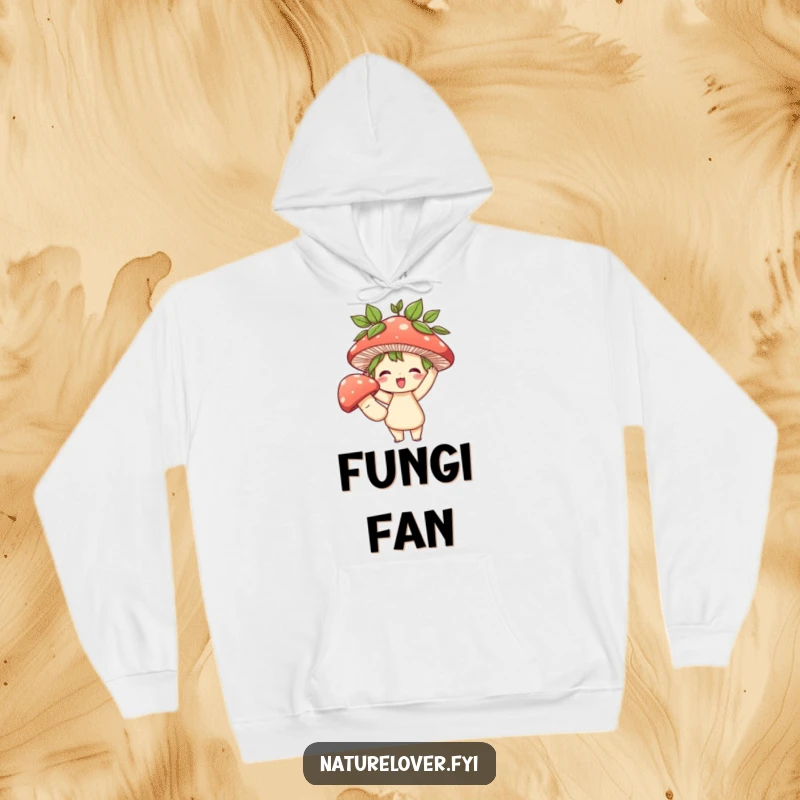Funny hoodie depicting a cute, leafy-haired character joyfully holding a comically large mushroom, radiating funny, earthy vibes and cozy warmth.