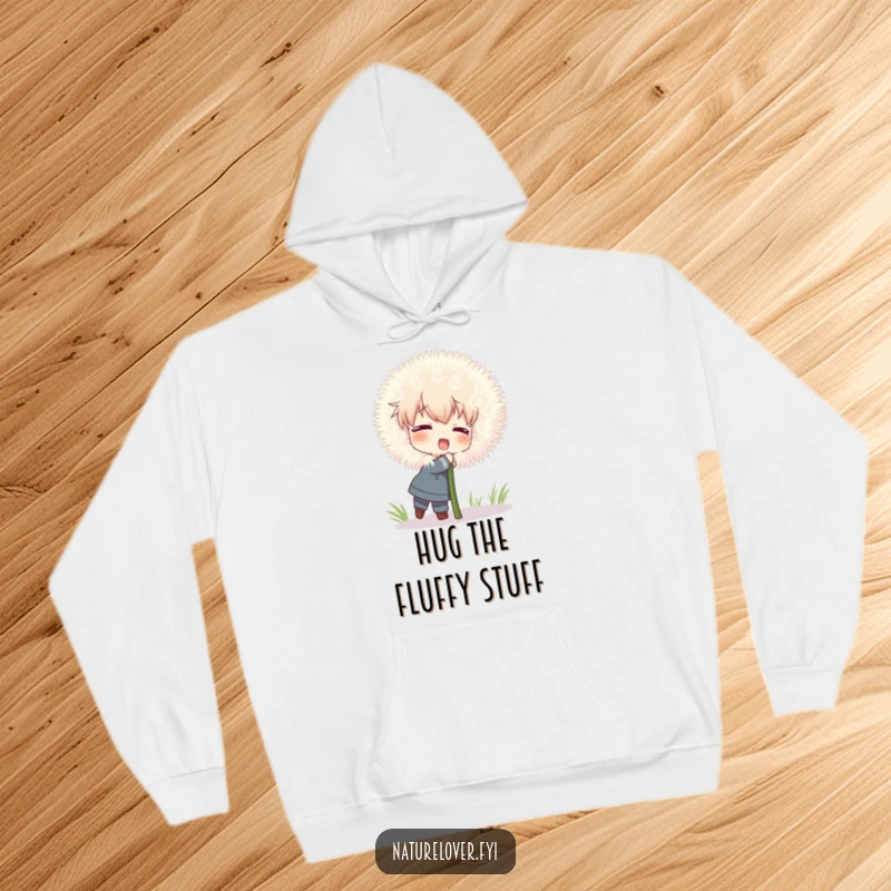 Funny hoodie depicting a character attempting a giant hug on a comically large, fluffy dandelion, radiating warmth and humor.