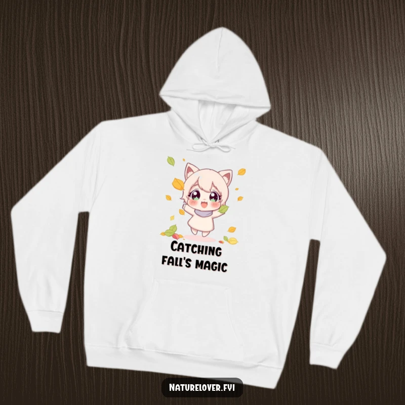 Funny hoodie depicting a character with wide, happy eyes joyfully catching a beautiful falling leaf, celebrating autumn.