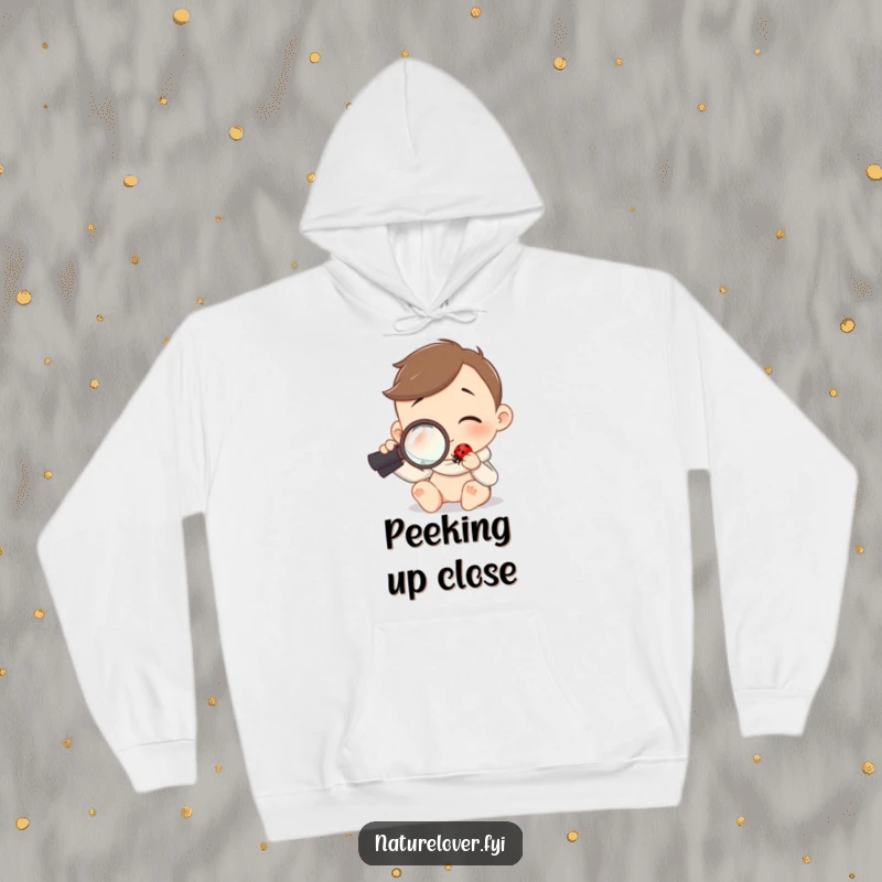 Funny hoodie depicting a character holding a magnifying glass, curiously observing a tiny ladybug with great interest.