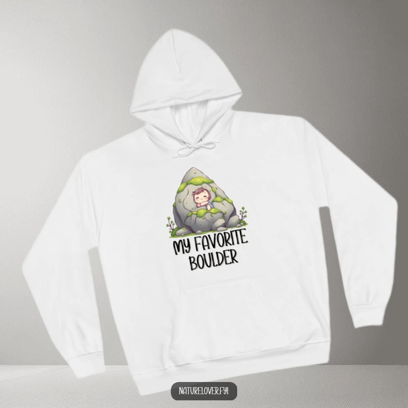Funny hoodie featuring a small, cute character embracing a large, moss-covered rock with genuine happiness and affection.