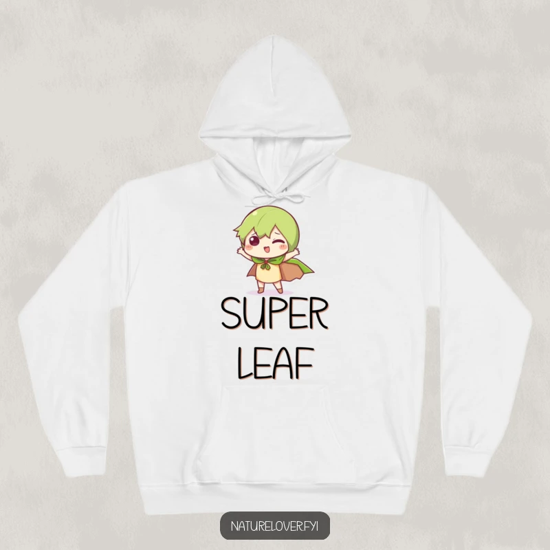 Funny Leaf Cape Hoodie: A little character strikes a funny pose with a leaf cape, radiating playful superhero energy.