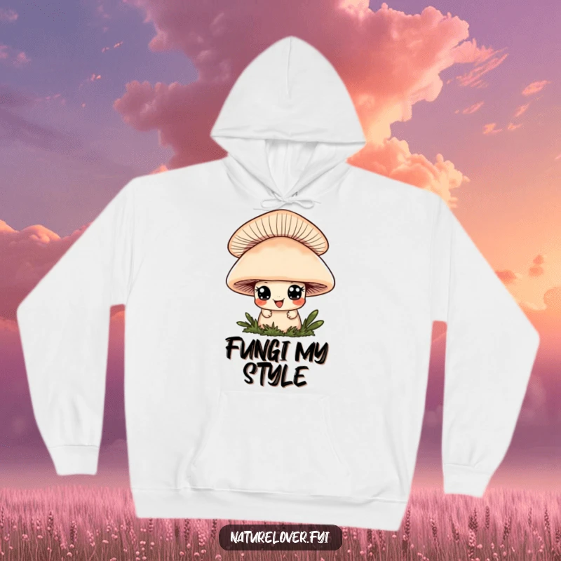 Funny hoodie with a cute character giving a playful grin, peeking from behind a large mushroom, embodying playful curiosity.