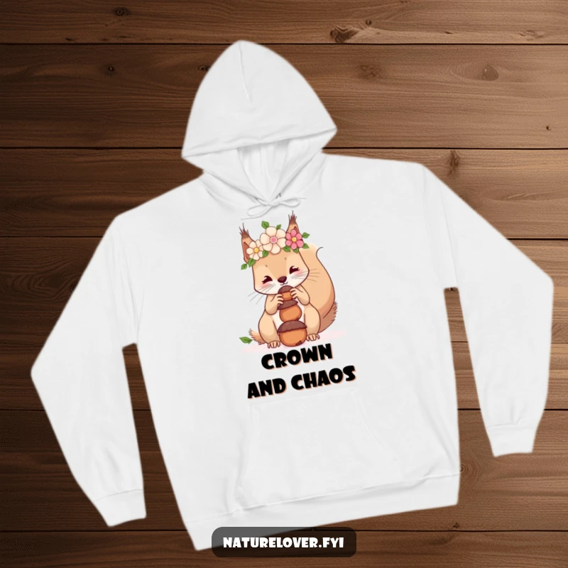 Funny hoodie design of a squirrel wearing a flower crown, attempting to balance a pile of acorns on its nose.
