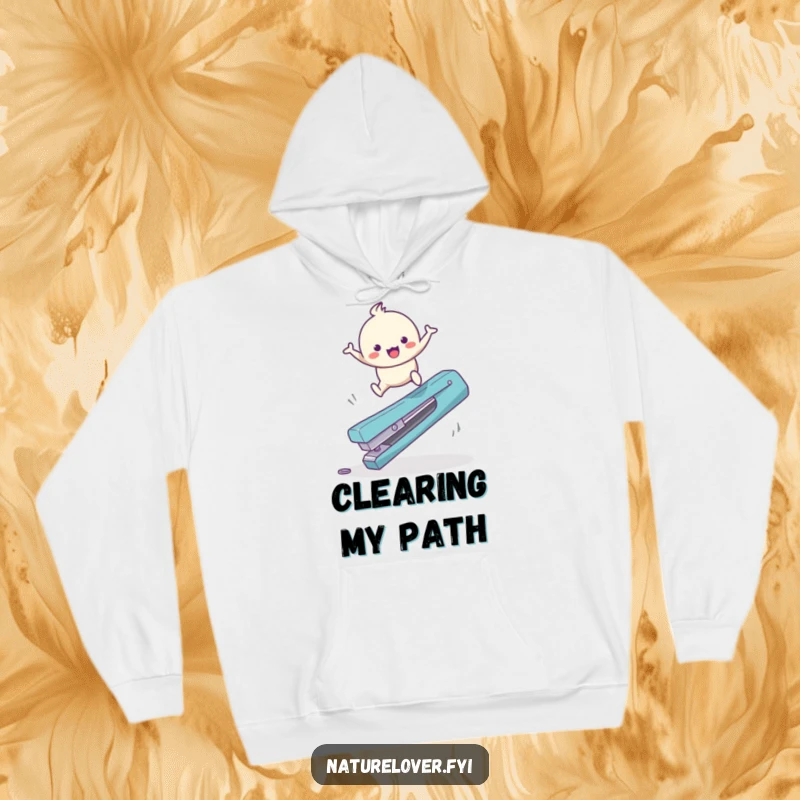 Funny Hoodie: A cute character with a happy bounce leaps effortlessly over a giant fallen twig, embodying playful energy.