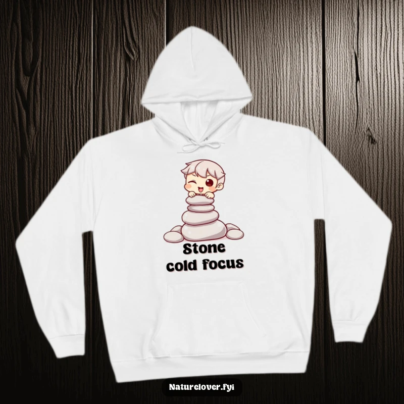 Funny hoodie featuring a character winking while carefully attempting to balance a pile of smooth stones, embodying calm focus.