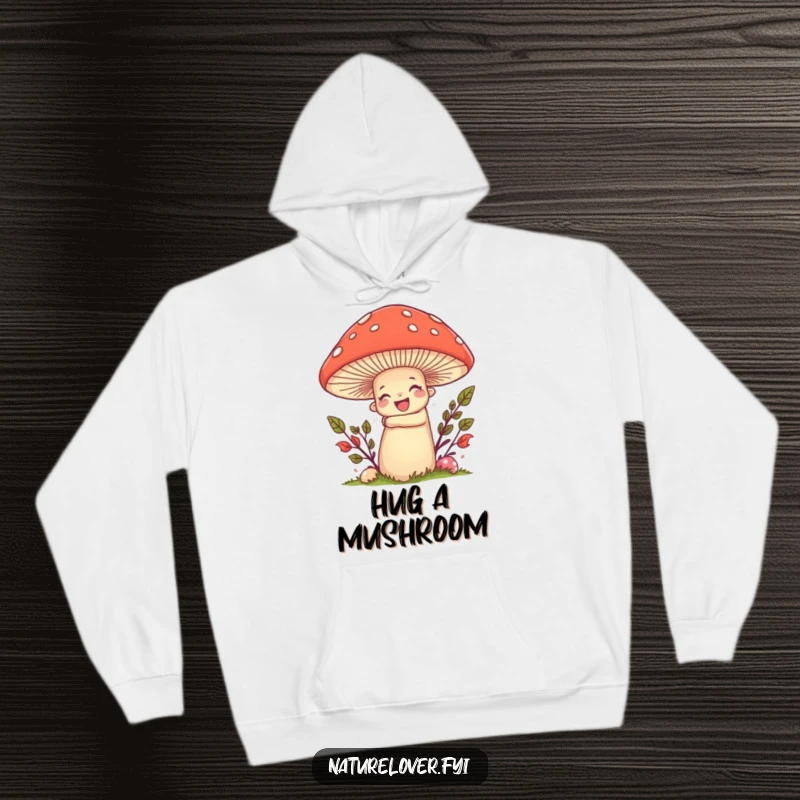 Funny hoodie illustrating a nature lover character giving a giant, smiling mushroom a warm and enthusiastic hug.
