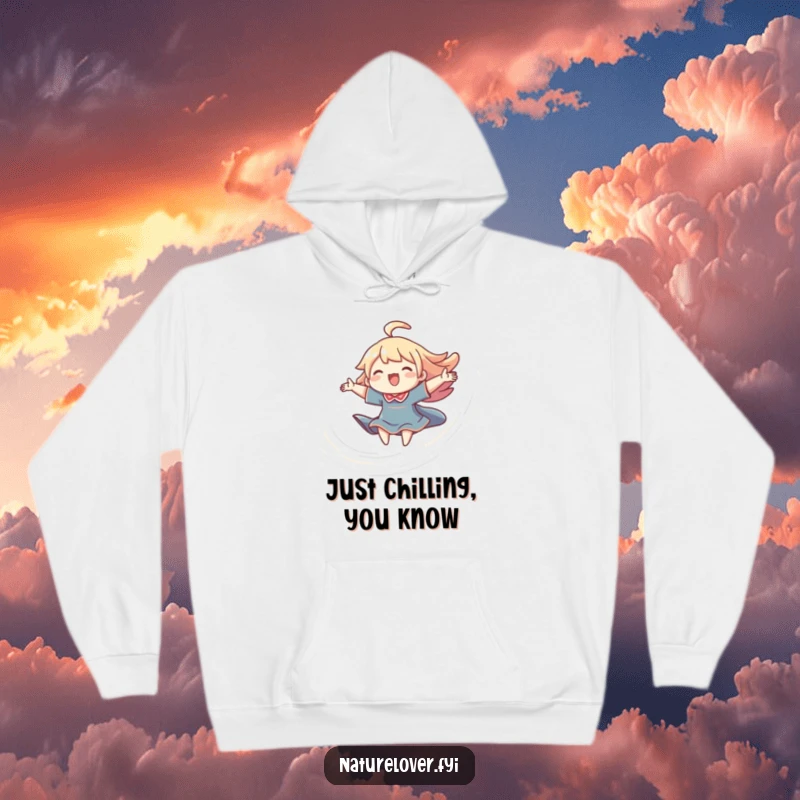 Funny hoodie with a small character's arms spread wide, joyfully riding a swirling breeze, evoking comfort and liberation.