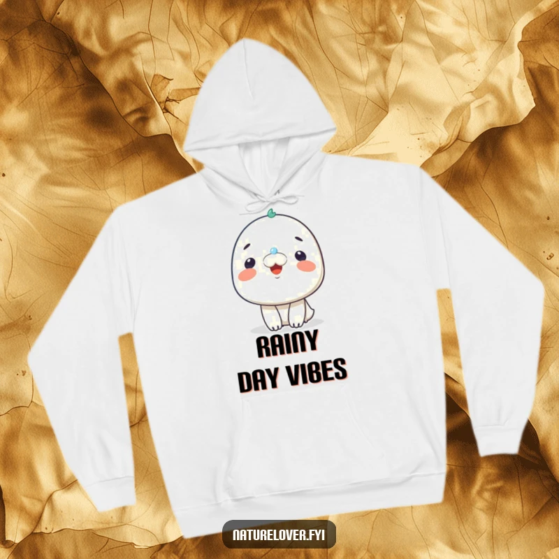 Funny hoodie featuring a character with a big smile receiving a tiny raindrop on its nose, radiating contentment and joy.