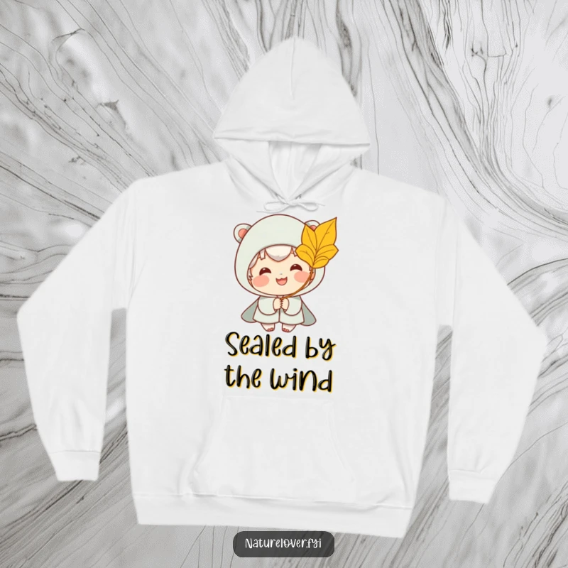 Funny hoodie with a smiling character catching a golden leaf from a gentle breeze, embodying cozy and humorous autumn vibes.