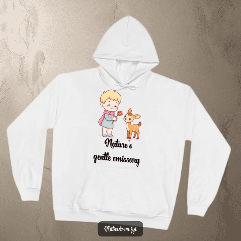 Funny hoodie depicting a cheerful person presenting a flower to a miniature deer, a sweet and humorous gesture for comfort lovers.