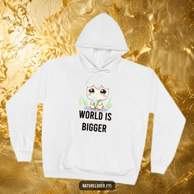 Funny Hoodie: A cute character with wide, curious eyes stares in awe at a gigantic, shimmering dewdrop, capturing a moment of wonder.